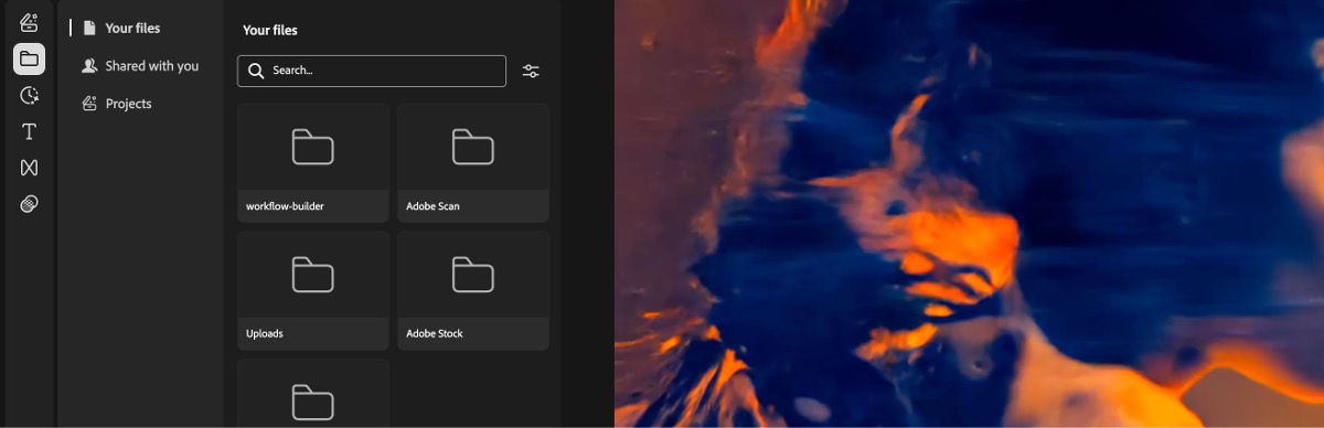 The Files panel displays Your files, Shared with you, and Projects sub-menus.