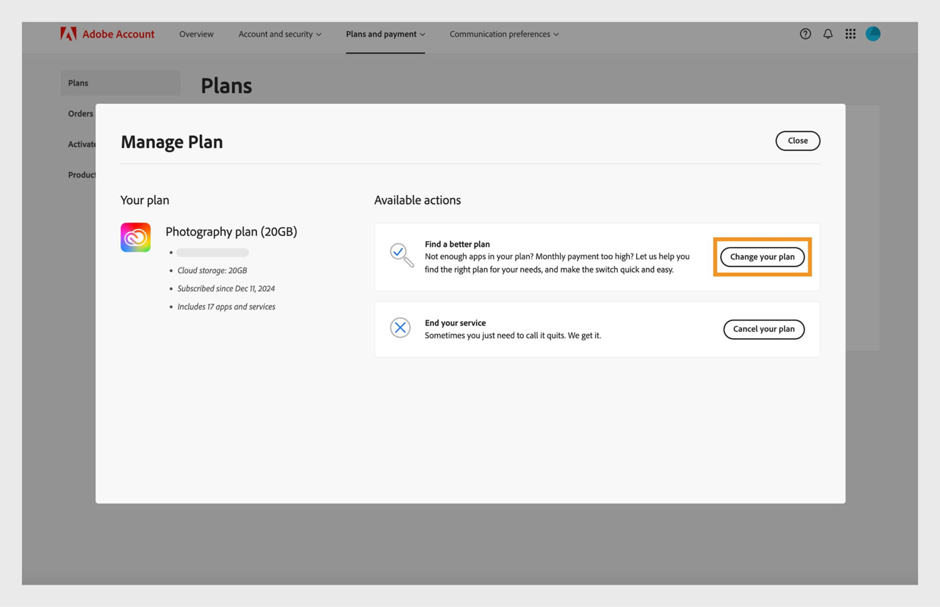 The Manage Plan window showing options to change your plan, manage your commitment, and cancel your plan. 