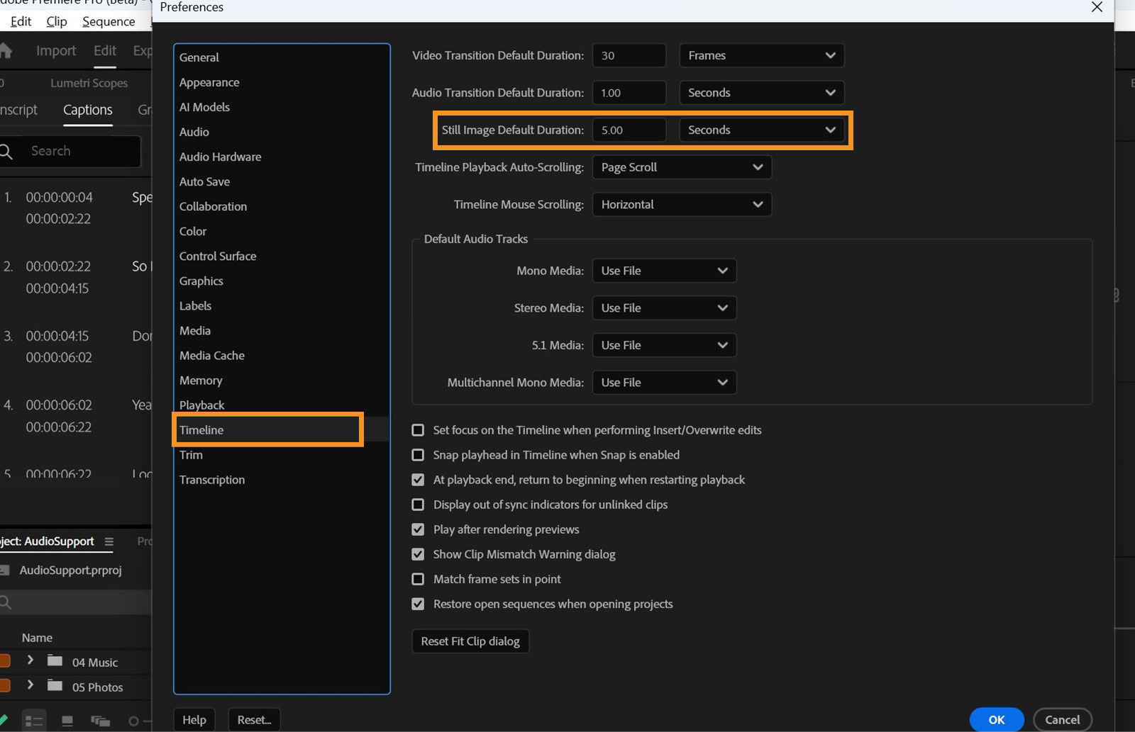 Preferences dialog is open with options to set default duration for still images.
