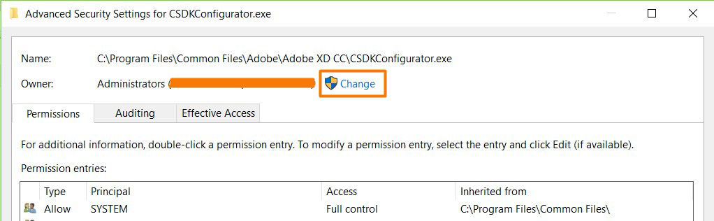 Click Change in the Security tab