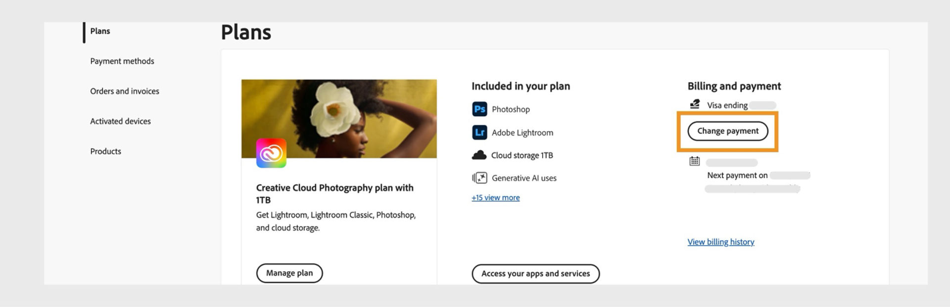 The Change payment button under Billing and payment in the Your plan section provides an option to add or edit payment details.