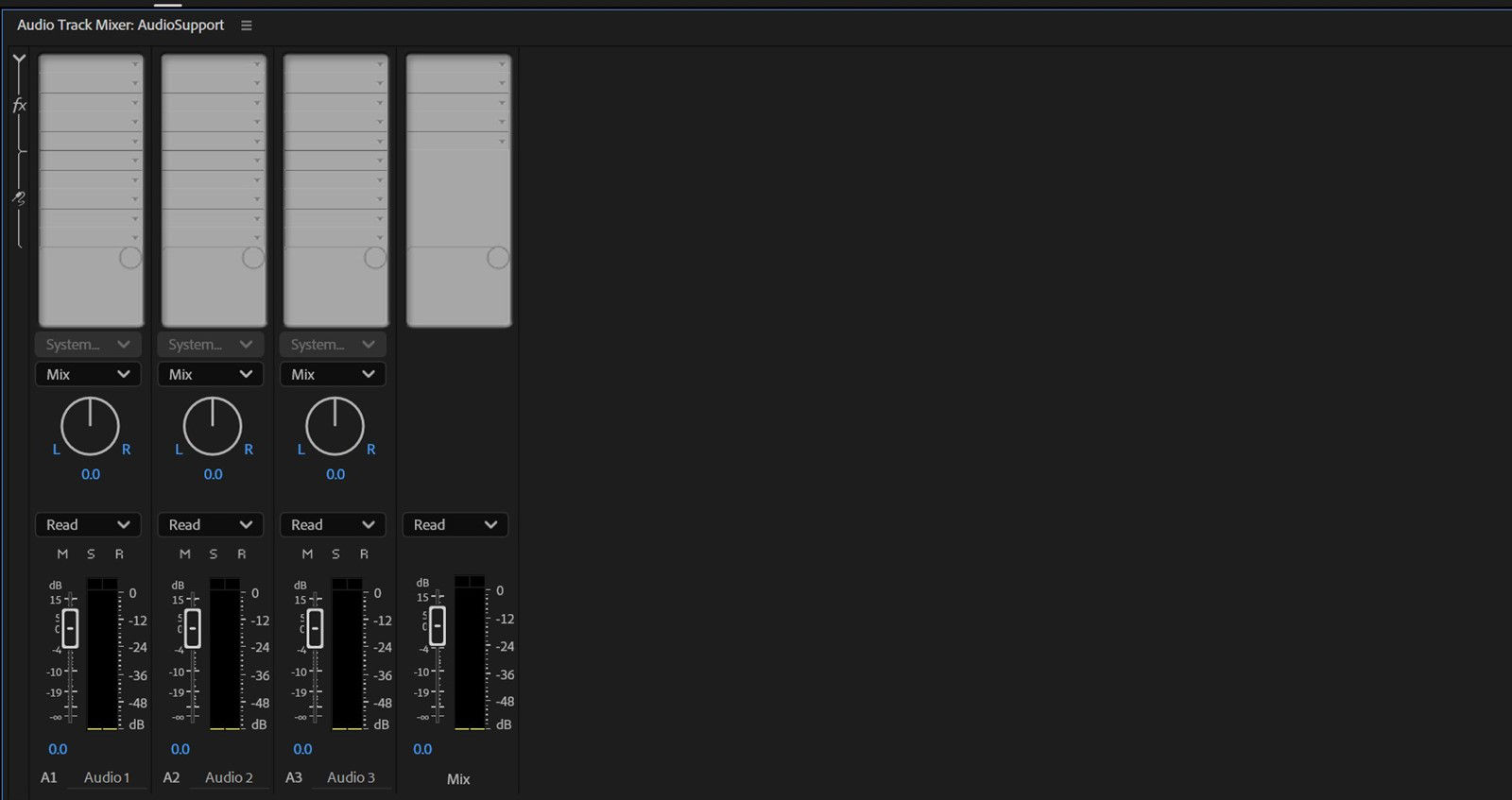 The channel functions UI is displaying several audio tracks in an audio console layout for audio mixing. 