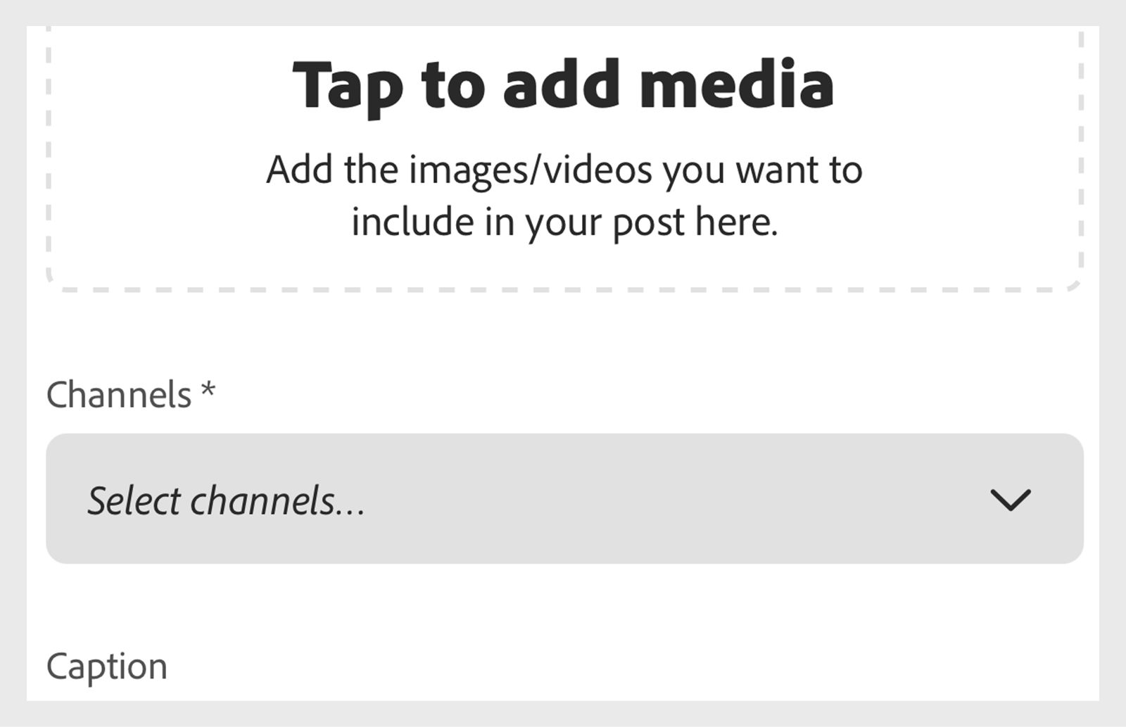 Post creation screen showing an option to add media and a Channels dropdown to select social platforms.