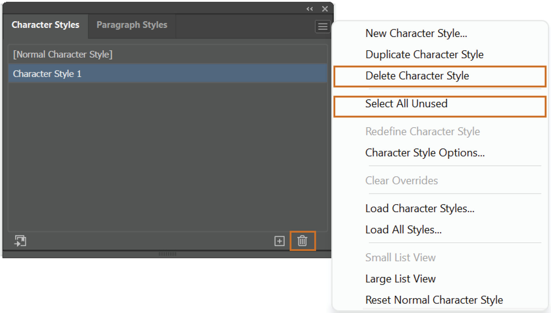 Delete Character, Paragraph Styles