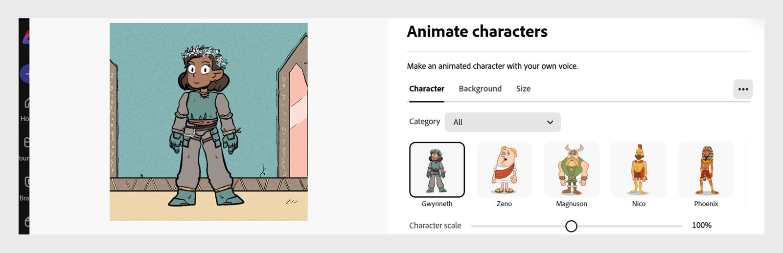 A screenshot of an animation tool interface showing a selected character named Gwynneeth on the left, wearing teal armor and gloves, standing on a sandy ground with a blue background. On the right, the interface displays the heading “Animate characters” with tabs for Character, Background, and Size. Below, four character options are shown: Gwynneeth, Zeno, Magnuson, and Nico.