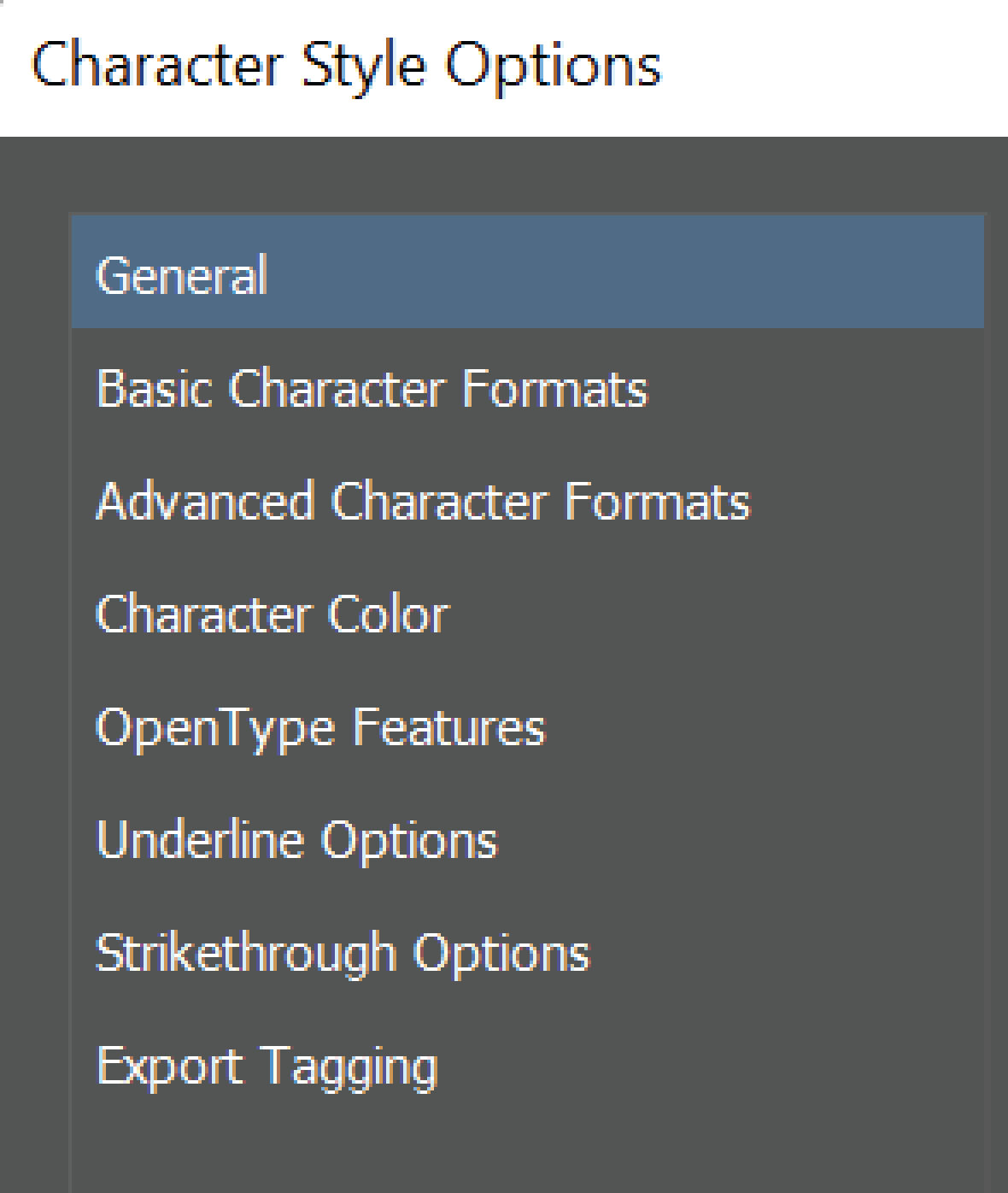 Character styles options in InDesign