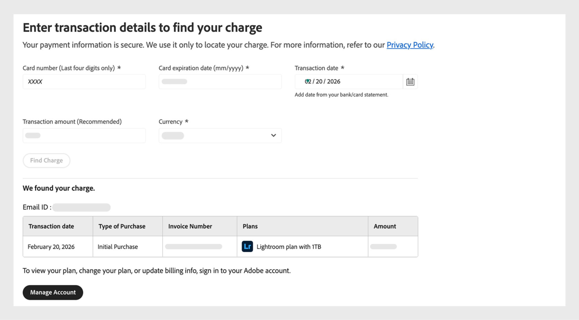 The chargefinder tool results showing the Adobe charge associated with the entered card and transaction details.