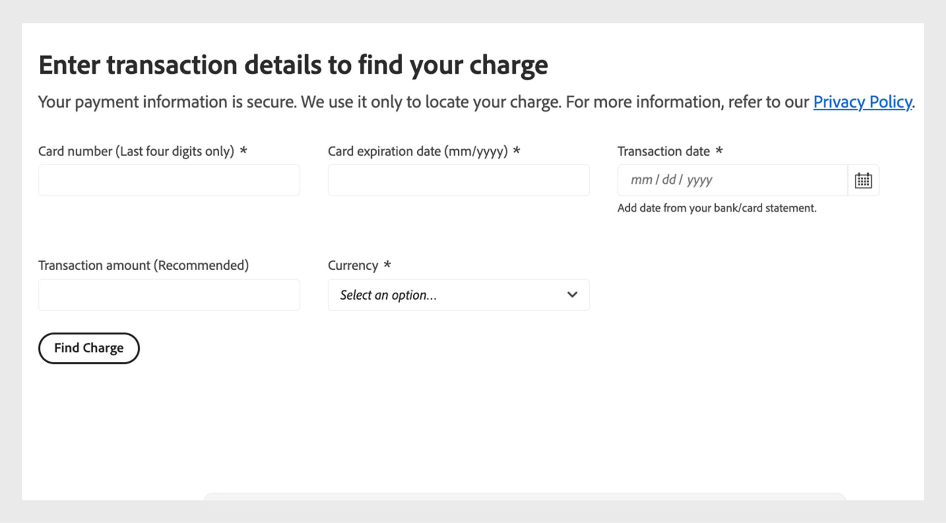 The Adobe Charge Finder tool shows the fields to enter your card and transaction details.