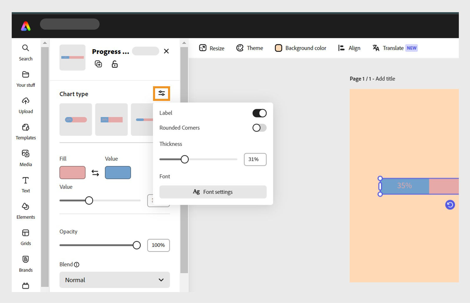     Adobe express editor is open with a pie chart on the canvas. Data is displayed for the month of Jan, Feb, and March with Label and Value. The More menu is open to add an item, move a row, or delete a row.