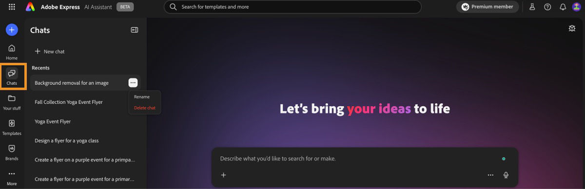 Adobe Express AI Assistant with the Chats panel open and the Chats icon highlighted in the left sidebar. A list of recent chats appears, and the menu for one chat shows the Rename and Delete chat options.