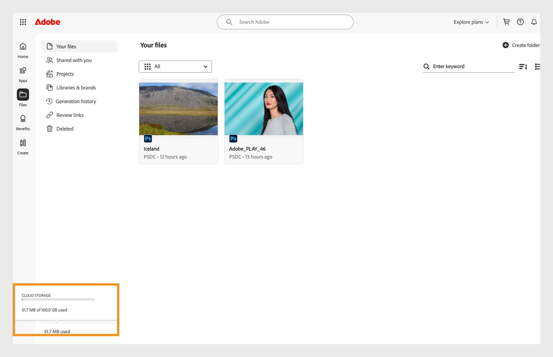 The cloud storage progress graph displays your storage details when you hover over the storage information at the bottom-left corner in the Files tab.