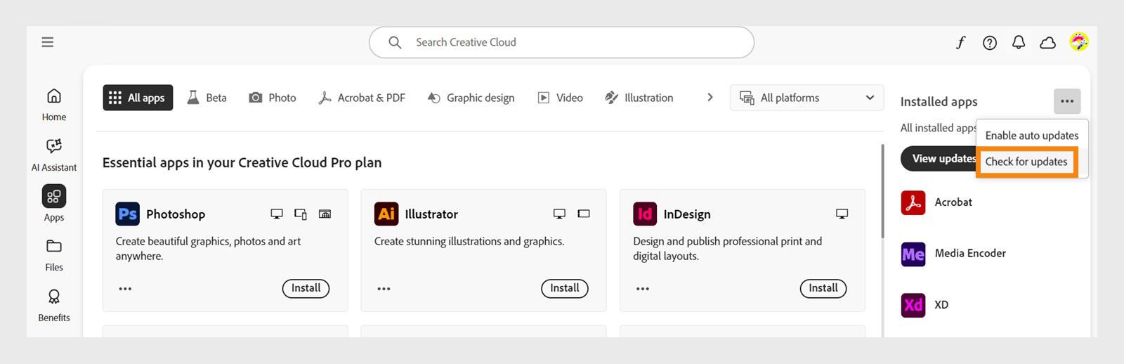 The More actions icon under Installed apps in the Apps tab shows options to enable or manage auto updates and check for updates.