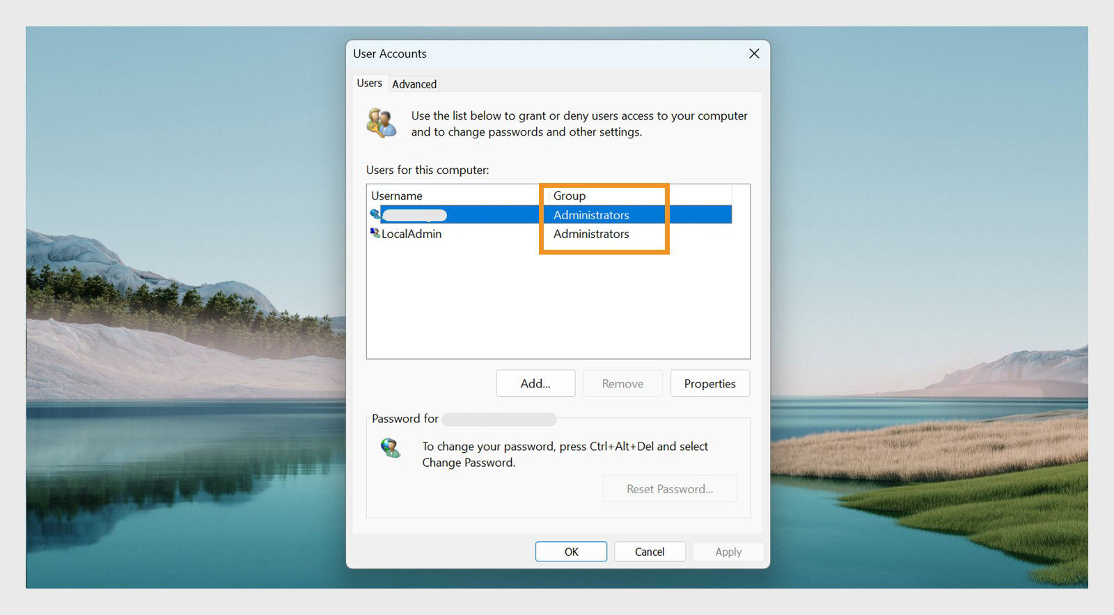 The User Accounts window displays the access permissions for each user under the Group tab.