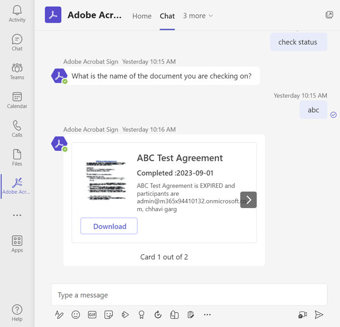 Acrobat Sign for Microsoft Teams: Use bot to check status of document