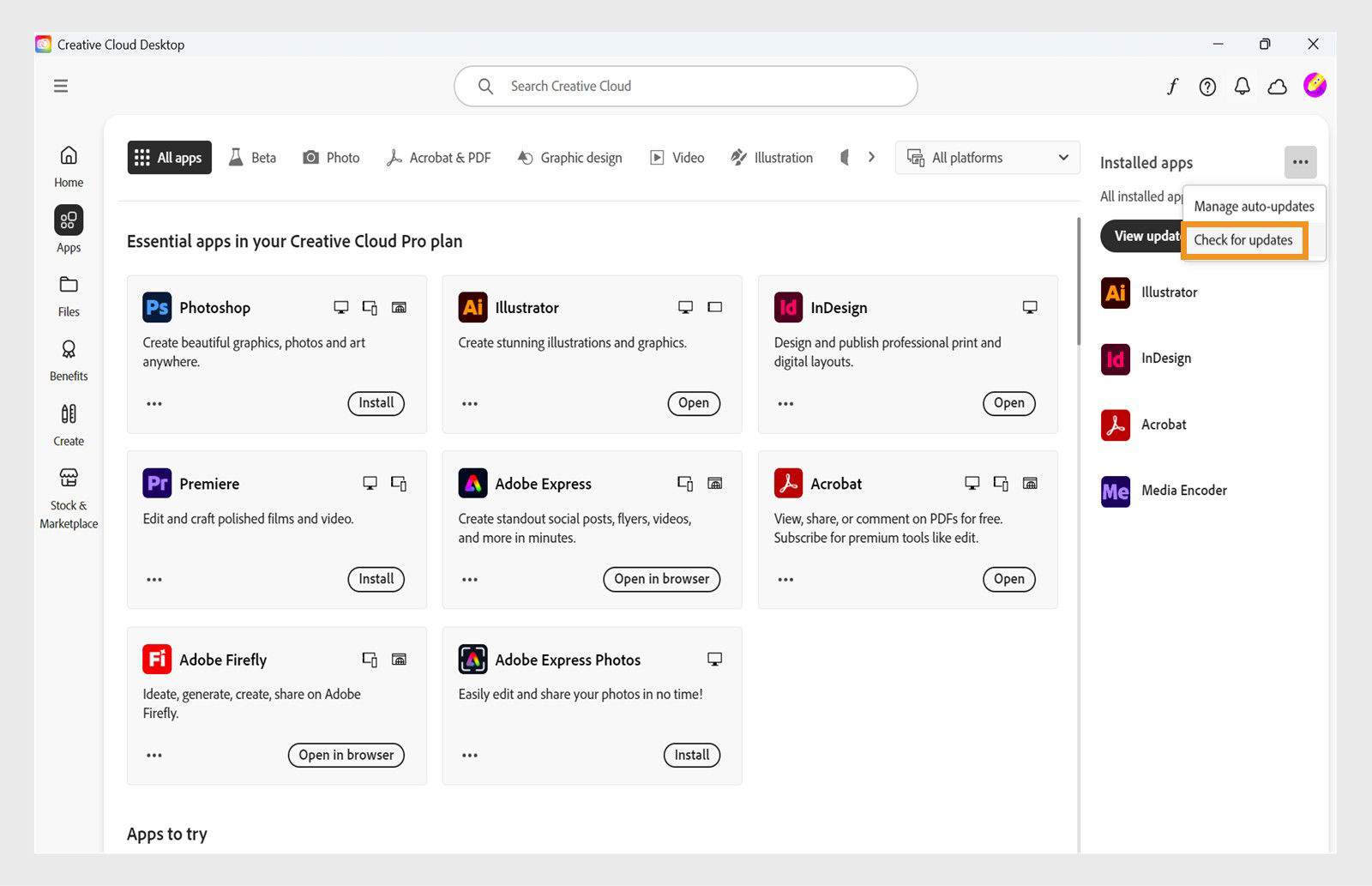 The expanded menu showing options to Manage autro-updates, Check for updates, and Update all apps. 