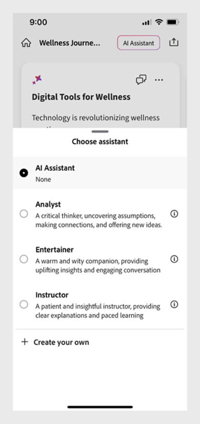 PDF Space on Acrobat mobile shows options to choose AI Assistant, such as Analyst or Entertainer for personalized insights.