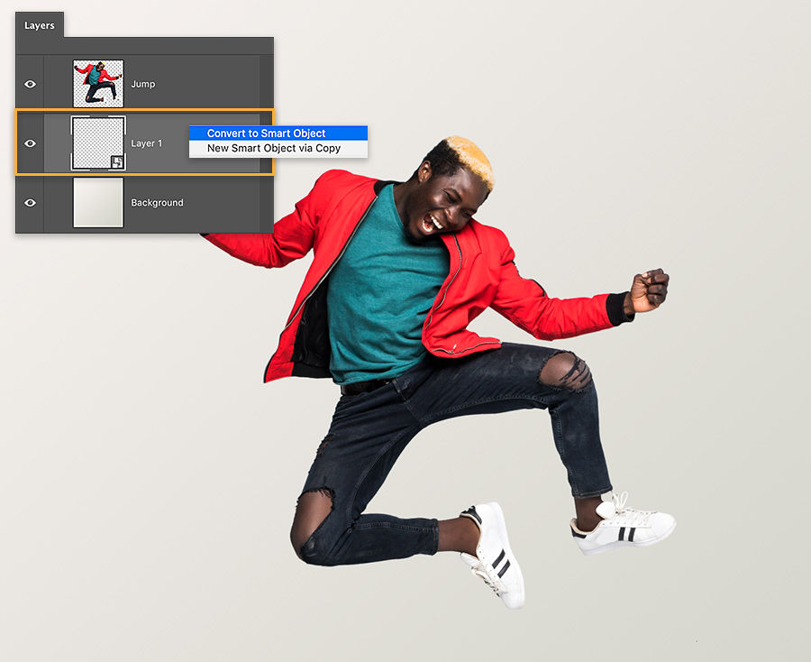 Adobe Photoshop layers panel shows 3 layers, canvas shows man with red jacket jumping in the air