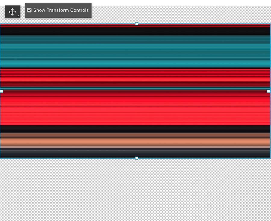 Adobe Photoshop move tool selected, Show Transform Controls is checked, canvas shows rectangle of multi colors stretched