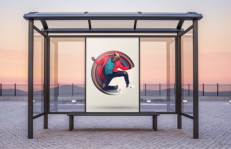 Final image of man jumping with polar coordinates composition behind him displays on a poster at bus stop