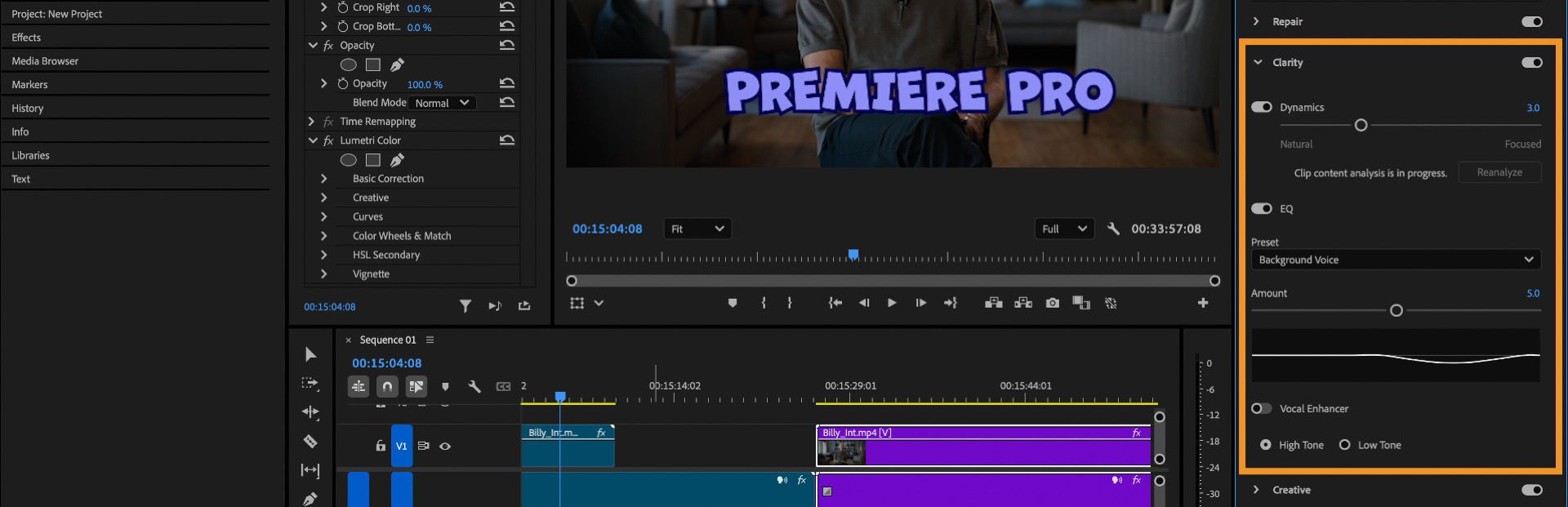 Clarity drop-down menu in the Essential Sound panel with options to refine dialogue sharpness and detail.