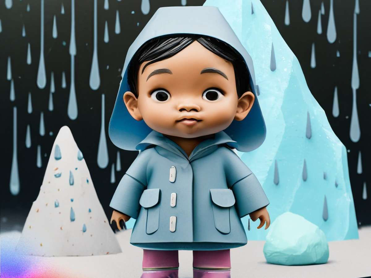 The image shows a sad child wearing a yellow raincoat standing in the rain in front of a large blue iceberg. It's in the style of clay art. It's an example of an image generated when the Text to Image feature is used with a fairly descriptive text prompt.