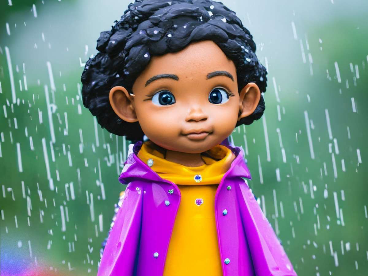 It's an image of a small child standing in the rain wearing a yellow raincoat with a hood. The style is that of clay art. It's an example of an image generated when the Text to Image feature is used with a simple text prompt.