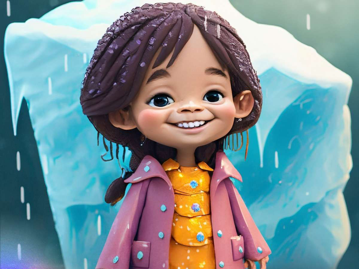 The image shows a very smiley child standing in the rain, wearing a yellow raincoat. The background features blue raindrops falling from the top, and there are chunks of icebergs floating in the water. It's in the style of clay art. It's an example of an image generated when the Text to Image feature is used with a descriptive text prompt.