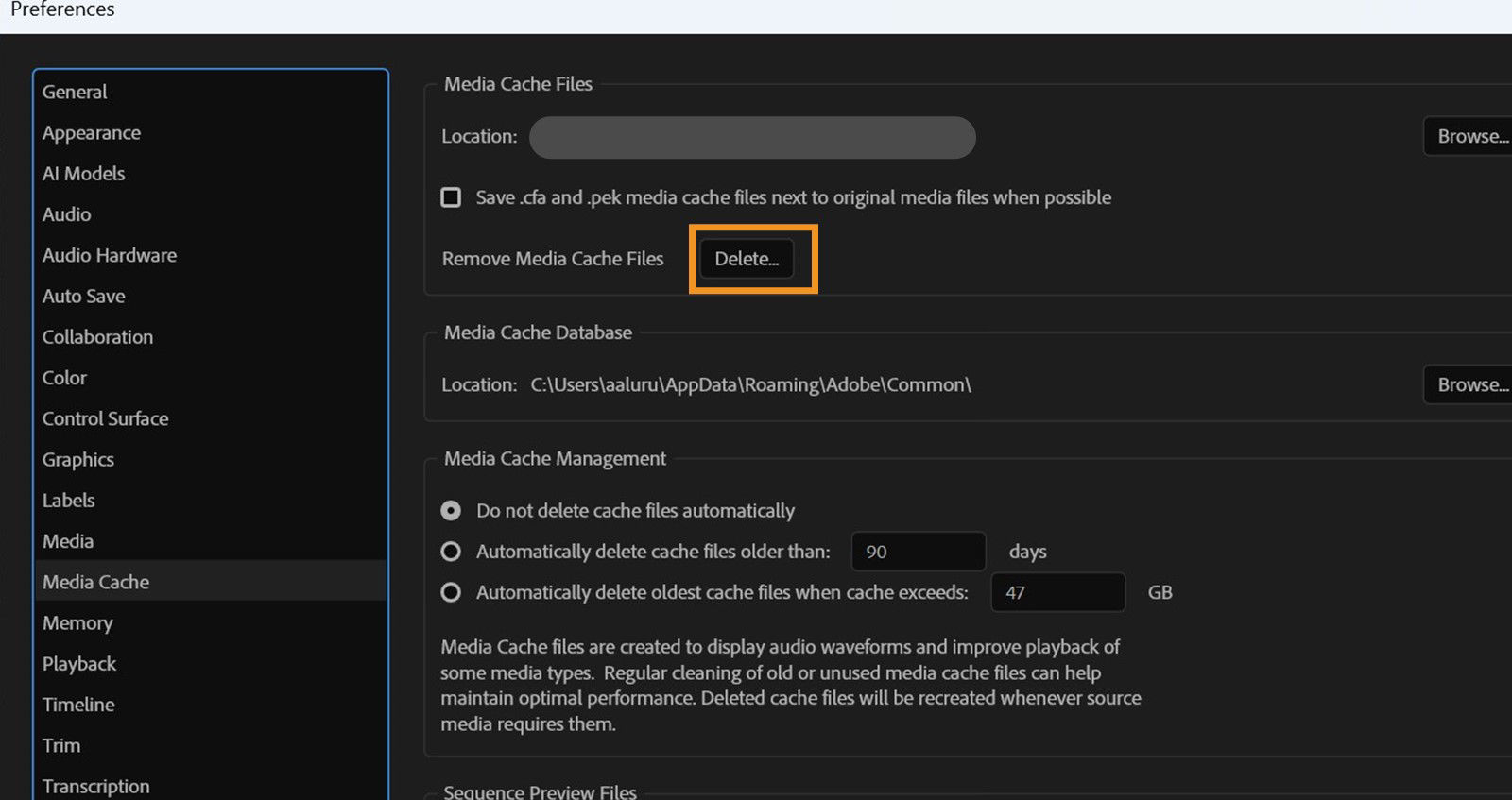 The Preferences dialog is open and the options Media Cache and Delete are highlighted. Select Delete to clear media cache. 