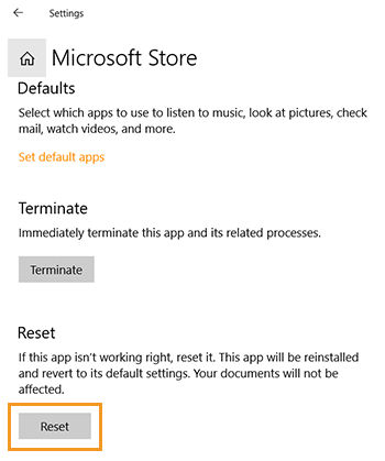 Click Reset to reset Microosoft Store
