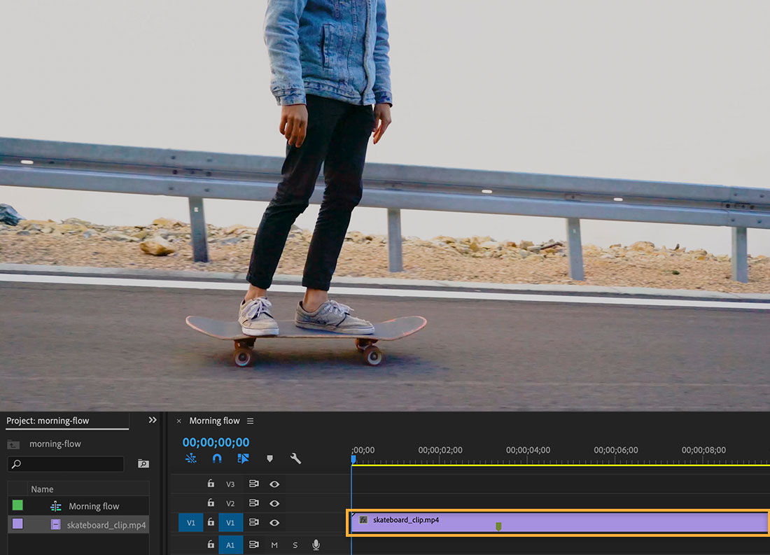 Skateboarder appears above Timeline, Timeline shows skateboard_clip.mp4