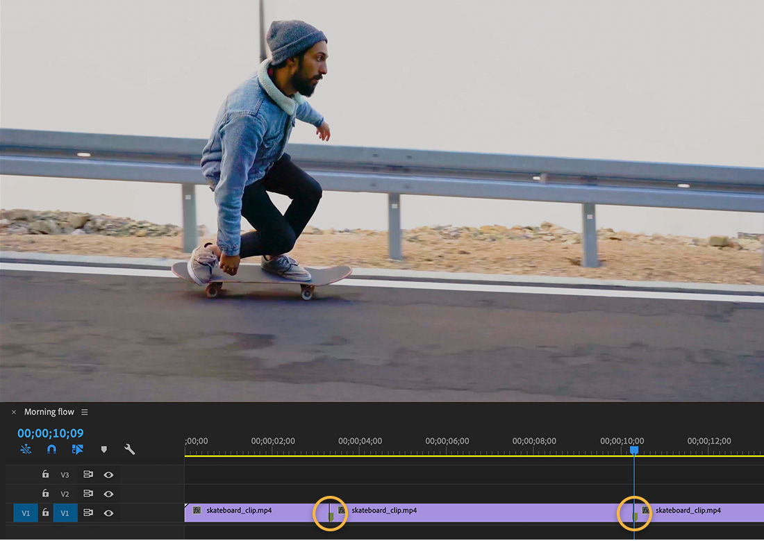 Markers appear at 00:03:10 and 00:10:09 on the Timeline, skateboarder appears in Program window above Timeline