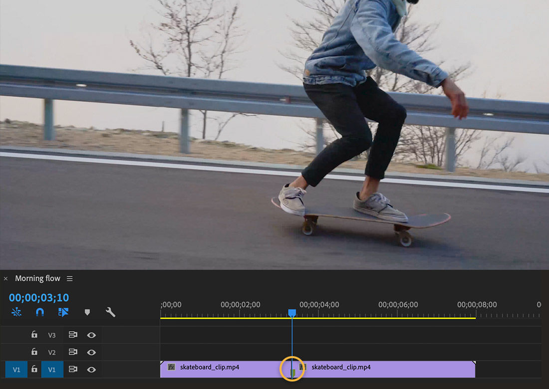 Marker appears between two clips on the Timeline at the 00:03:10 mark, skateboarder appears above the Timeline