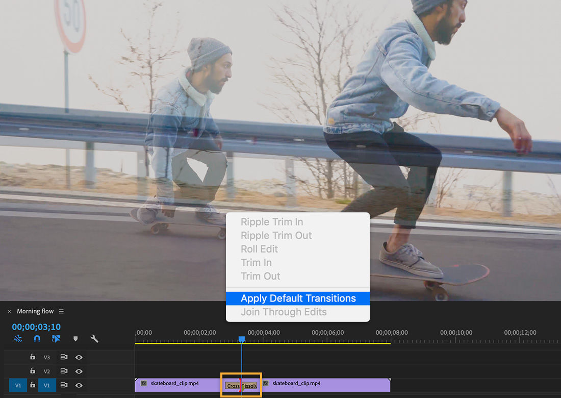 Right-click menu between clips shows Apply Default Transitions selected, ghosted image of skateboarder appears to the left