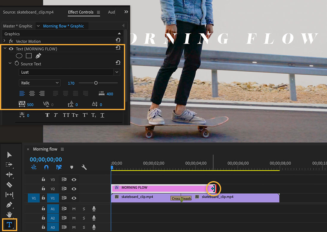 Morning Flow title sequence has green arrow on Timeline, Effect Controls show type properties, title shows over skateboarder
