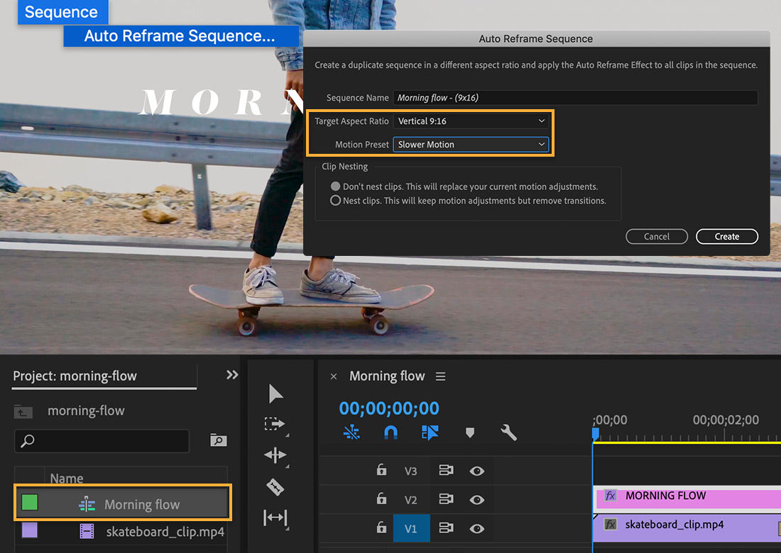 Sequence > Auto Reframe Sequence menu selected, Auto Reframe Sequence dialog shows Vertical 9:16 and Slower Motion preset