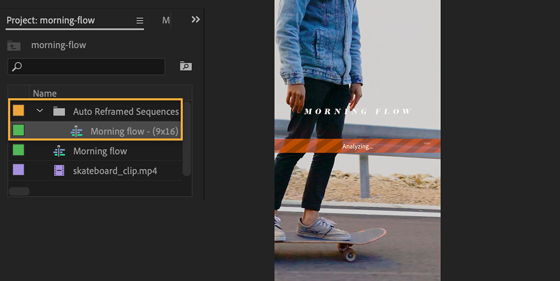 Preview of skateboarder in 9x16 aspect ratio with the Analyzing label over it