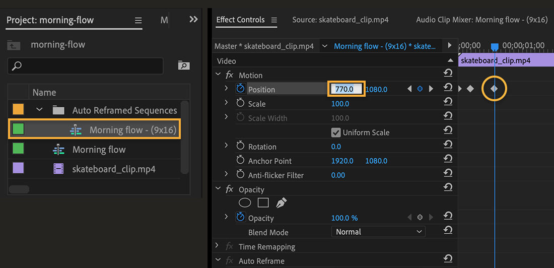 Effect Controls panel next to Project panel shows Position keyframe being edited