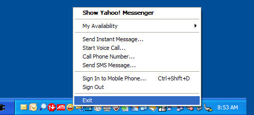 Right-click Yahoo! Messenger in system tray to exit