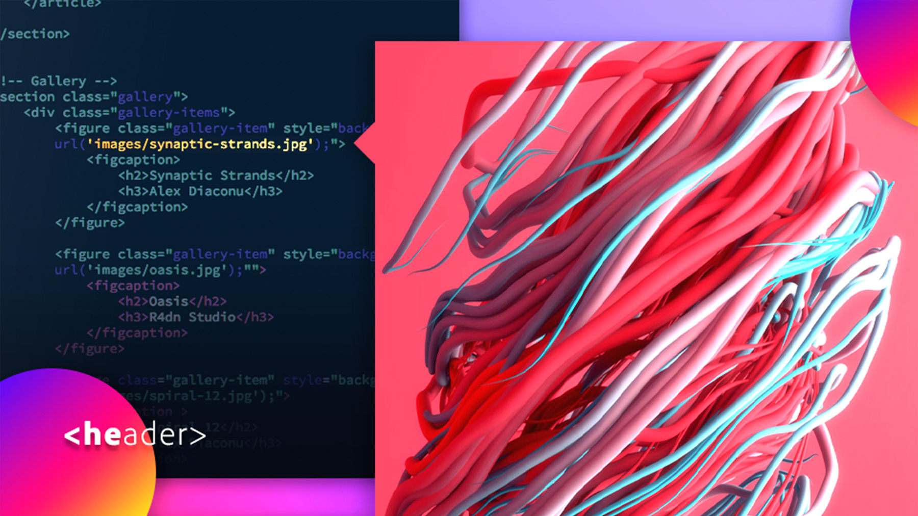 Split screen with HTML code on the left and modeled 3D strands on the right.
