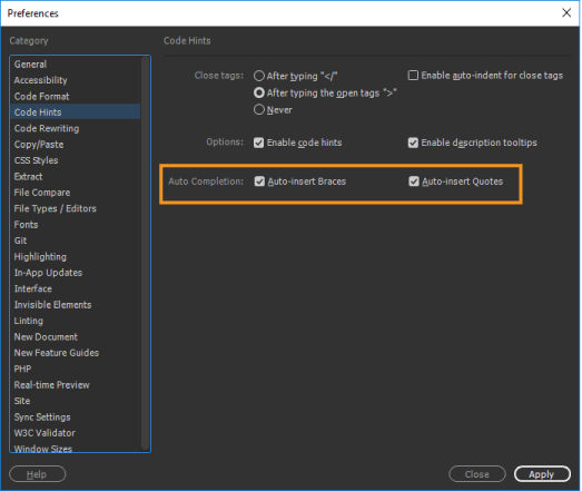 Set code hints preferences