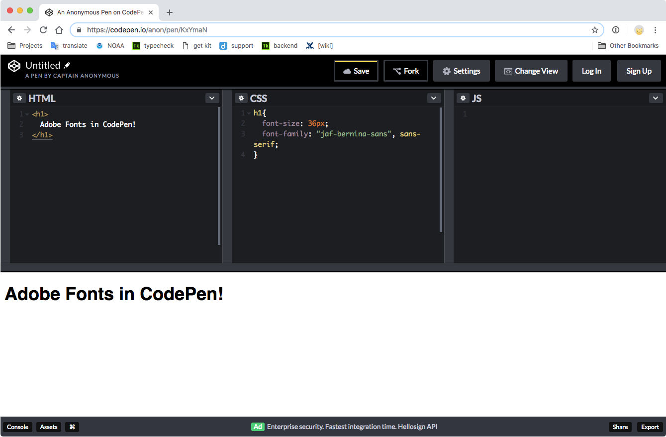 CodePen-editorn med ett webbteckensnitt applicerat