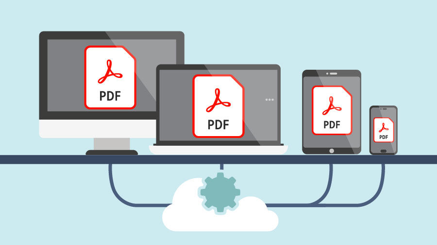 Multiple electronic devices with PDF icons on their screens all connected to a cloud