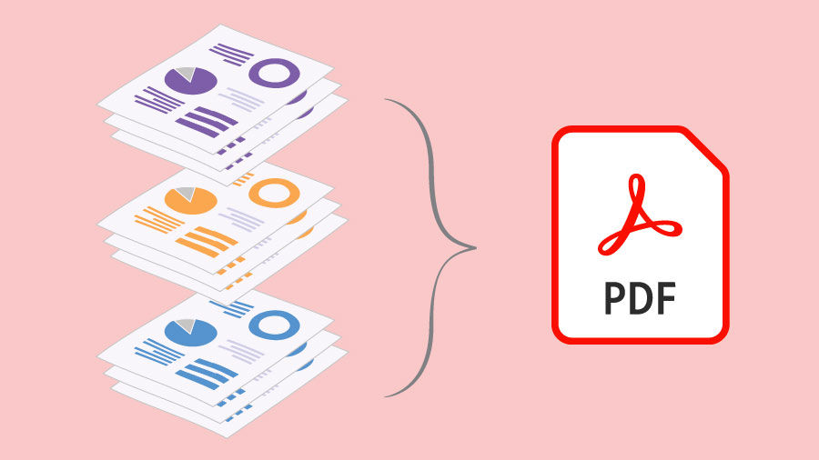 Left side shows stack of documents. Right side shows curly bracket and PDF icon signifying merging many documents into one PDF
