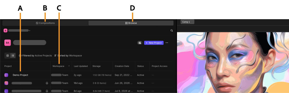 Frame.io panel in After Effects with labeled elements: project thumbnail (A), workspace selector (B), Workspace column (C), and Browse tab (D).
