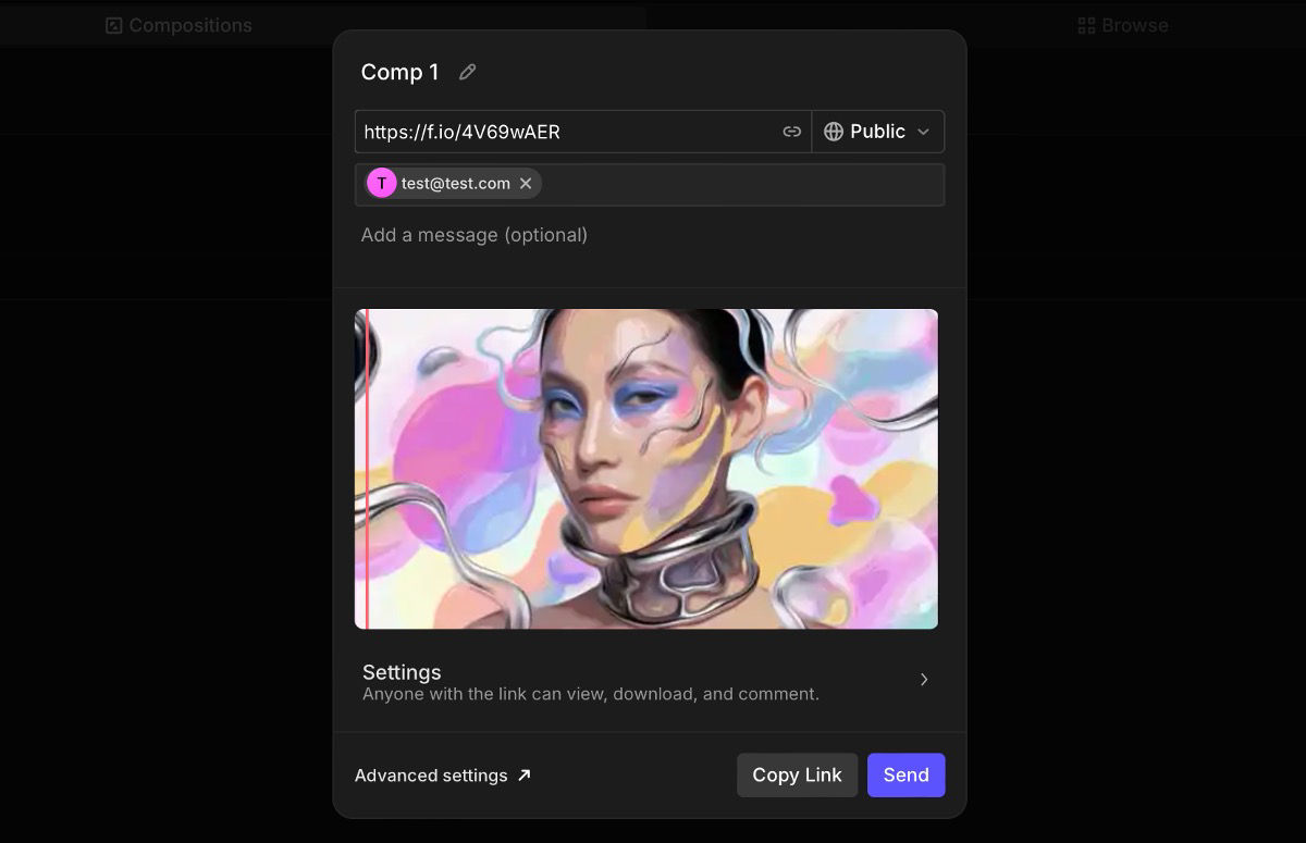 Share Comp 1 dialog with a Public link, a recipient added, and Settings showing viewers can view, download, and comment.