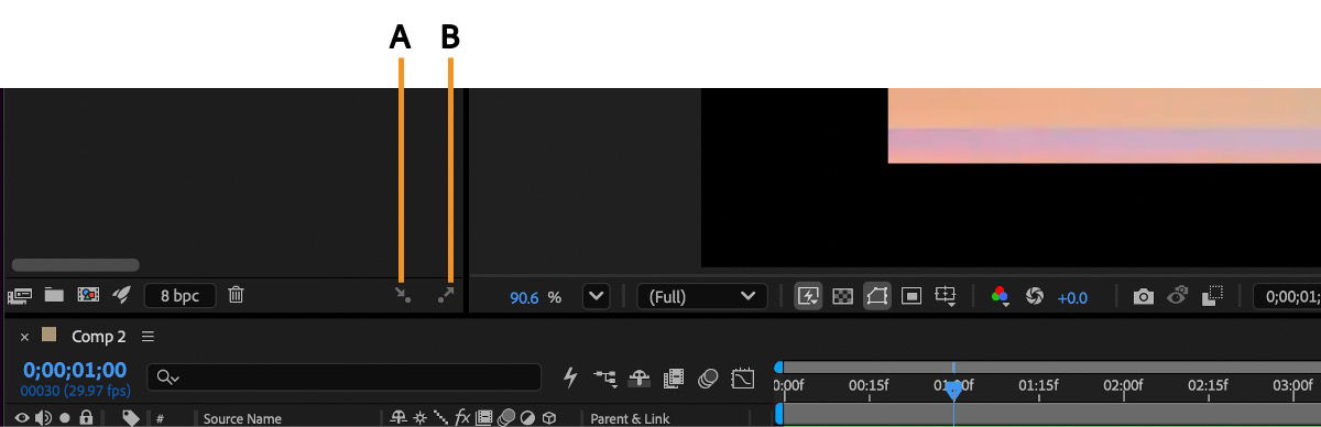 Composition panel toolbar with callouts A and B marking two syncing options.