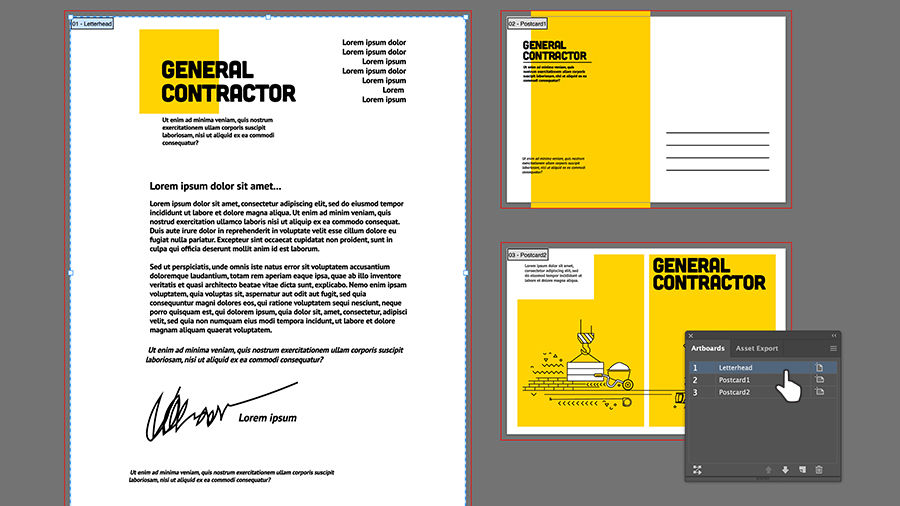 Three artboards showing letterhead and a postcard front and back with the same design