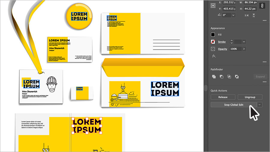 Image depicting global edits of a logo across multiple print projects such as a badge, letterhead, envelope