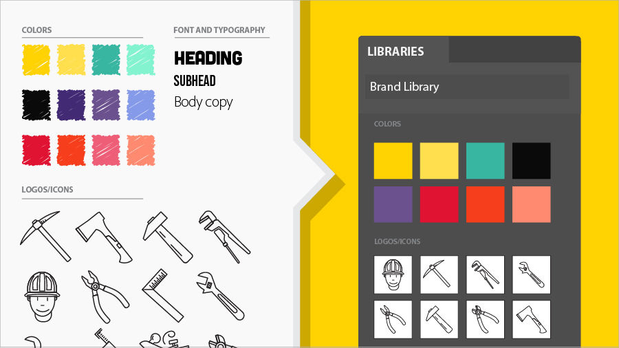Image showing color swatches, clip art, and fonts in a shared assets library