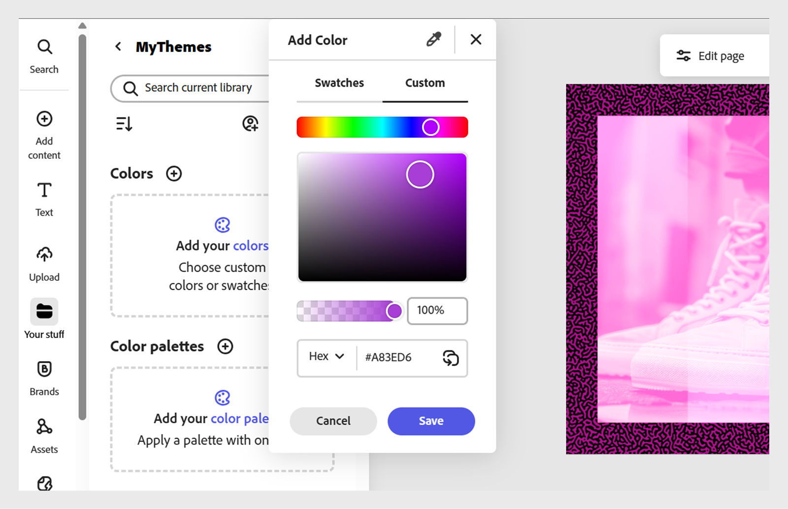 The Edit Color dialog box is open with the Custom tab selected. It has Hex code #A83ED6 highlighted in the Hex field.